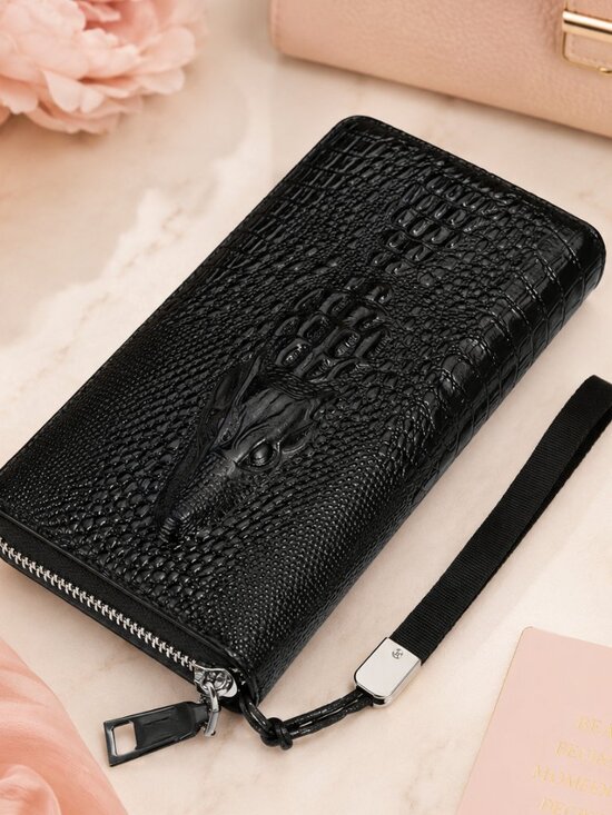 Handbags - Alligator Crocodile Zip Around Wallet Clutch Wristlet Black Vegan Leather